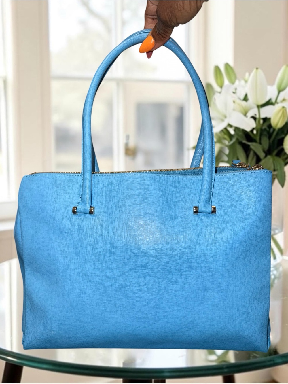 LOW START Furla Linda Medium Saffiano Leather Tote Bag – Cerulean Blue Like New - Picture 3 of 15